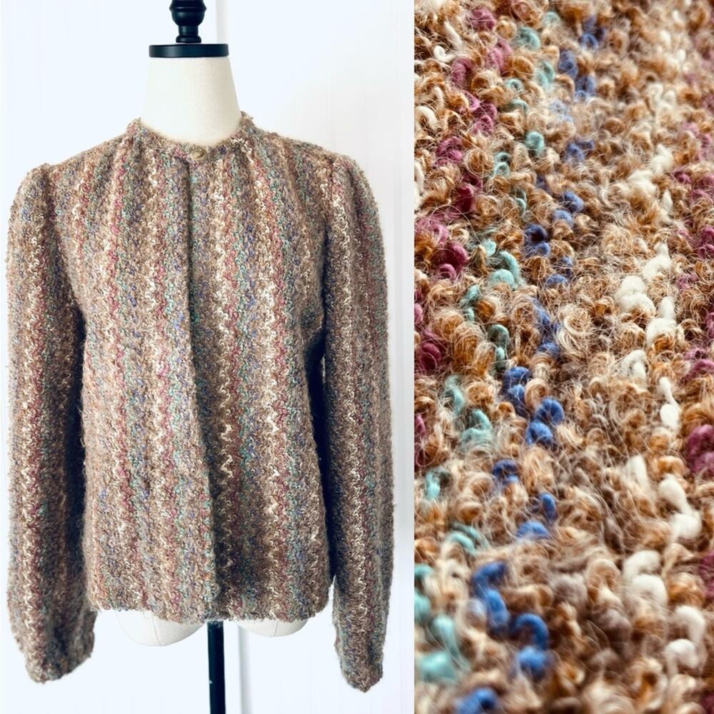 Vintage Fuzzy Lambswool Sweater Open Jacket Cardigan Size 10 Colorful Stripe Med